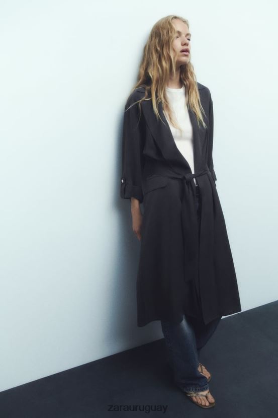 Zara gabardina larga fluida mujer H6RHL274 gris ropa