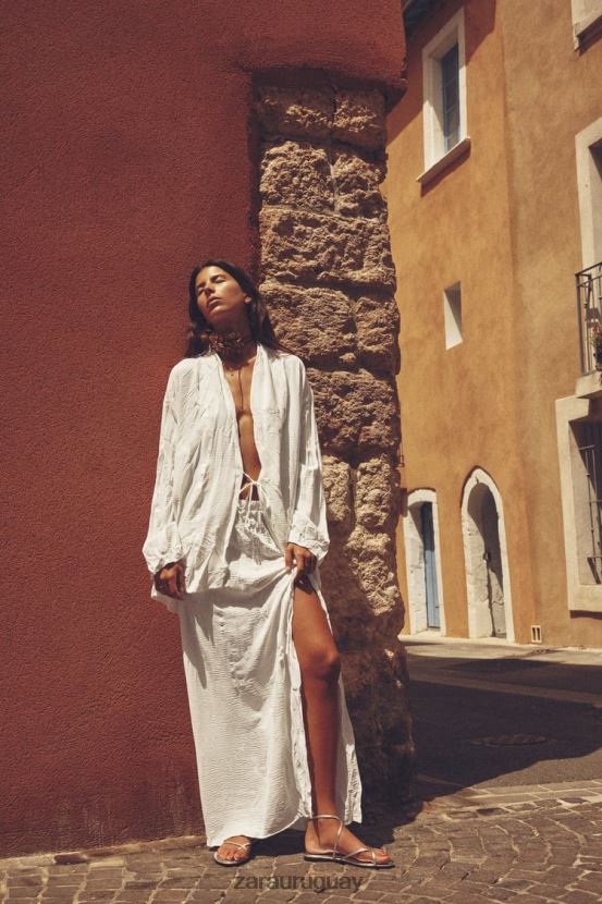 Zara kimono arrugado atado mujer H6RHL285 blanco ropa