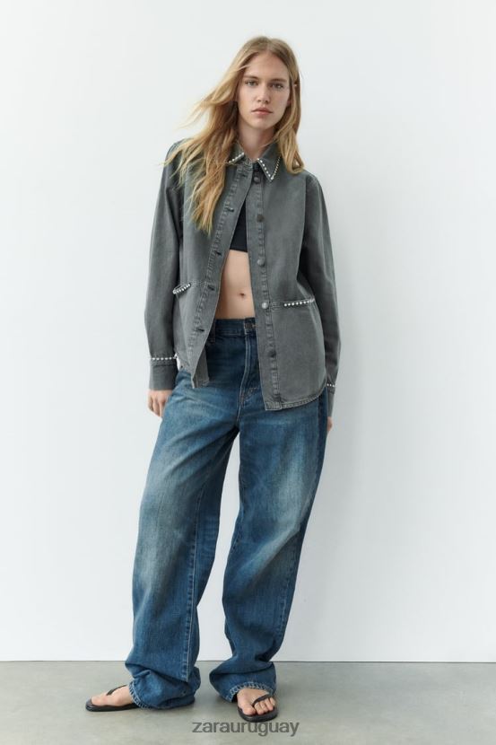 Zara sobrecamisa extragrande con strass mujer H6RHL282 gris ropa