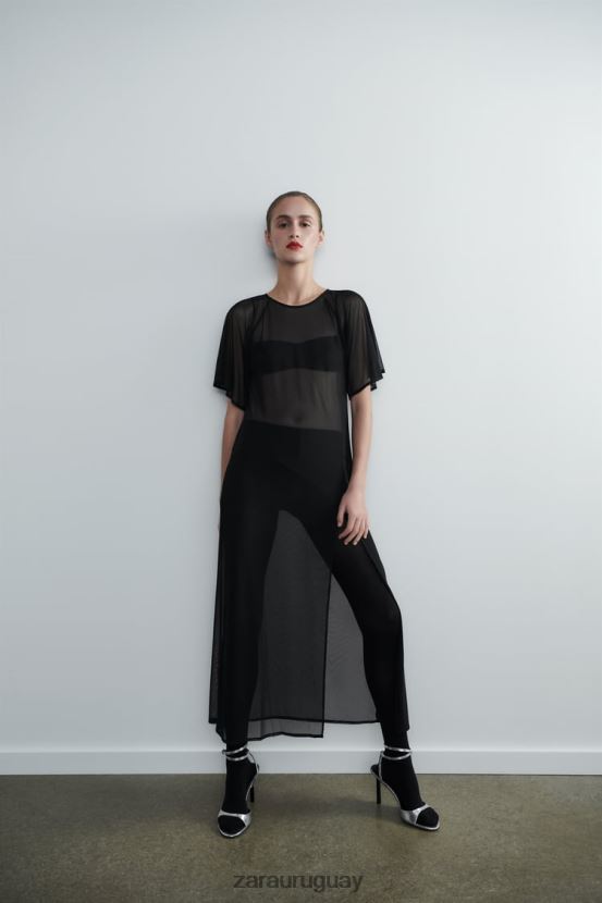 Zara vestido de tul con mangas tipo capa mujer H6RHL2118 negro ropa