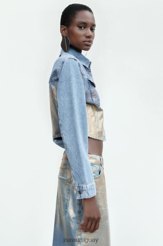 Zara z1975 chaqueta corta de mezclilla metalizada mujer H6RHL271 azul medio ropa