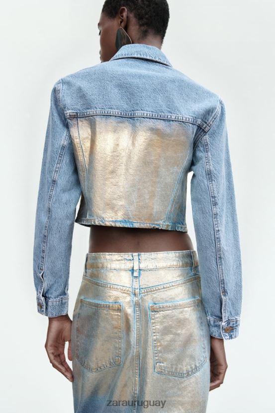Zara z1975 chaqueta corta de mezclilla metalizada mujer H6RHL271 azul medio ropa