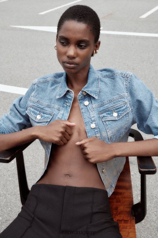 Zara z1975 chaqueta corta de mezclilla metalizada mujer H6RHL271 azul medio ropa